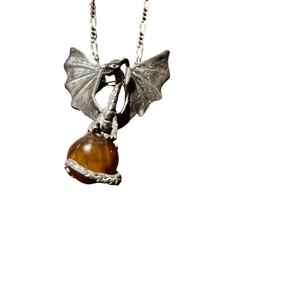Sterling Silver 925 Dragon Pendant Necklace With Tiger Eye Gemstone